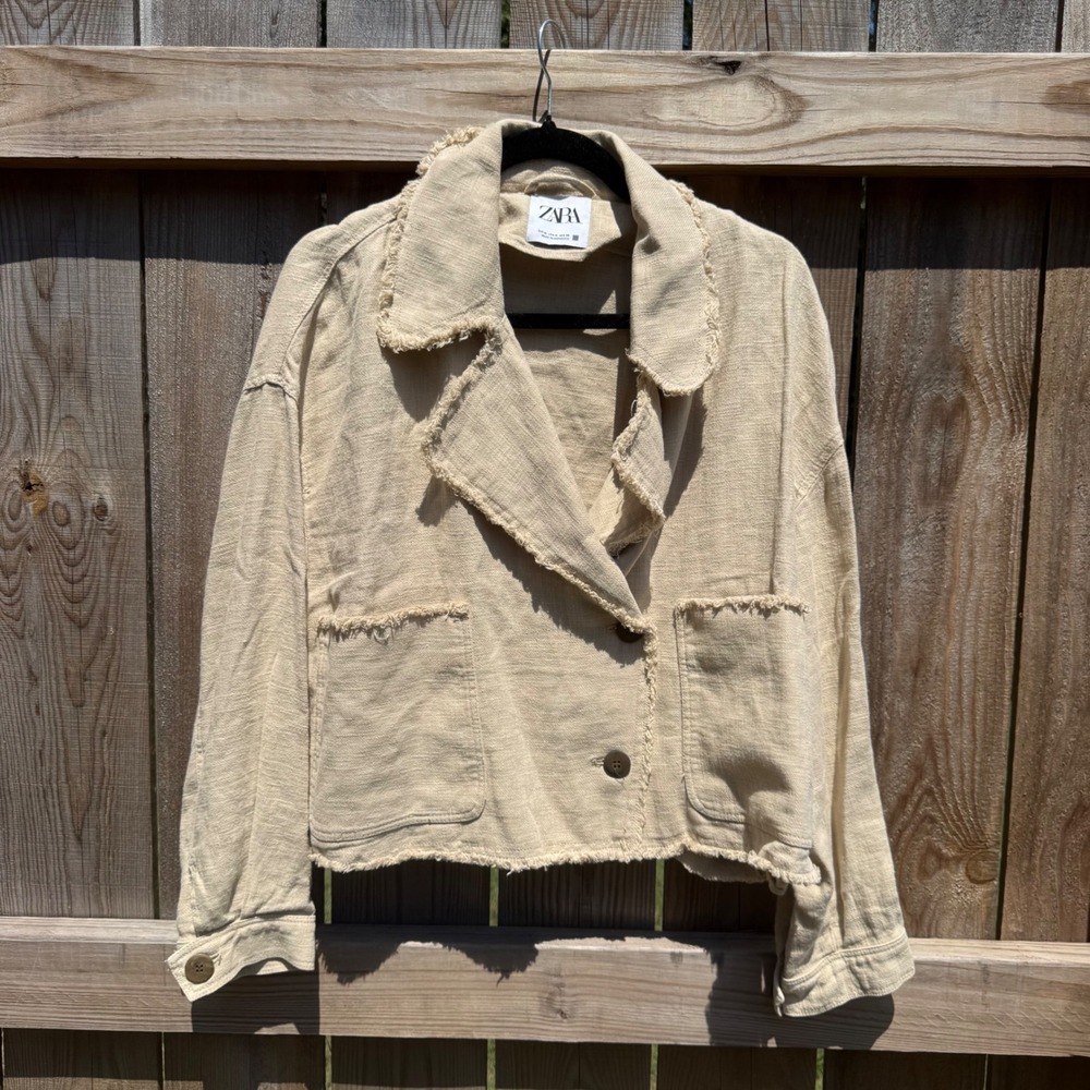 Zara Beige Linen Blend Cropped Jacket Frayed Hem Boho Tan Medium